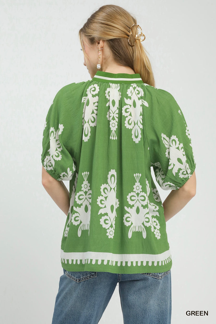 Evangeline Boho Print Split V-Neck Short Sleeve Top