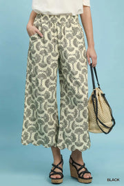 Fantasia Printed Scalloped Hem Crop Wide Leg Pants
