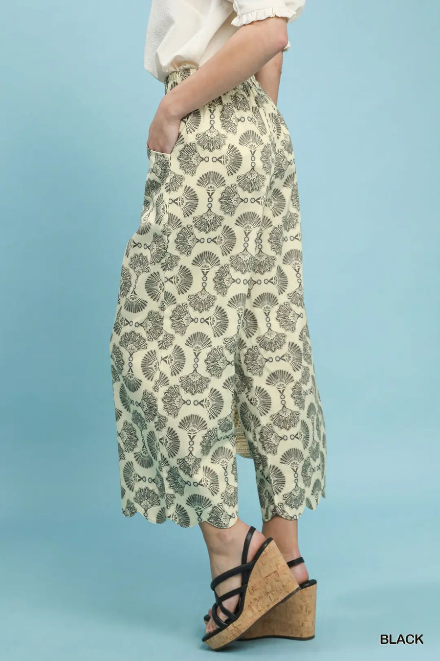 Fantasia Printed Scalloped Hem Crop Wide Leg Pants
