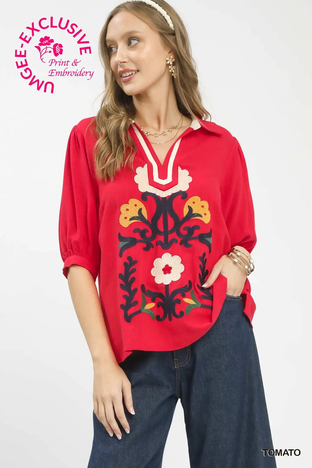 Madrid Linen Puff Sleeve Fiesta Folk Art Embroidered Blouse Top