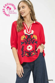 Madrid Linen Puff Sleeve Fiesta Folk Art Embroidered Blouse Top