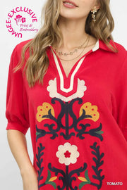 Madrid Linen Puff Sleeve Fiesta Folk Art Embroidered Blouse Top