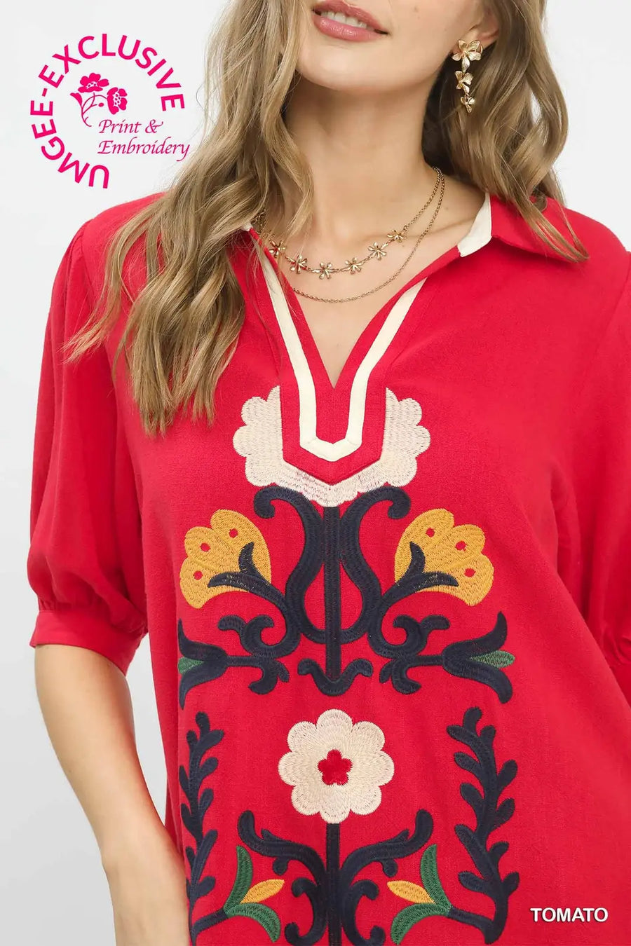 Madrid Linen Puff Sleeve Fiesta Folk Art Embroidered Blouse Top
