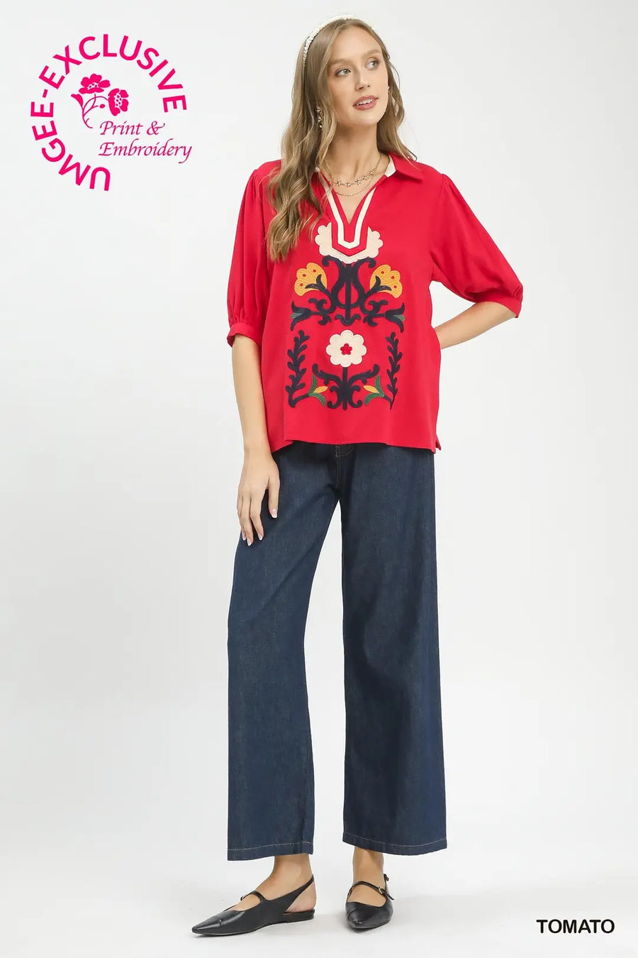 Madrid Linen Puff Sleeve Fiesta Folk Art Embroidered Blouse Top