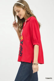 Madrid Linen Puff Sleeve Fiesta Folk Art Embroidered Blouse Top