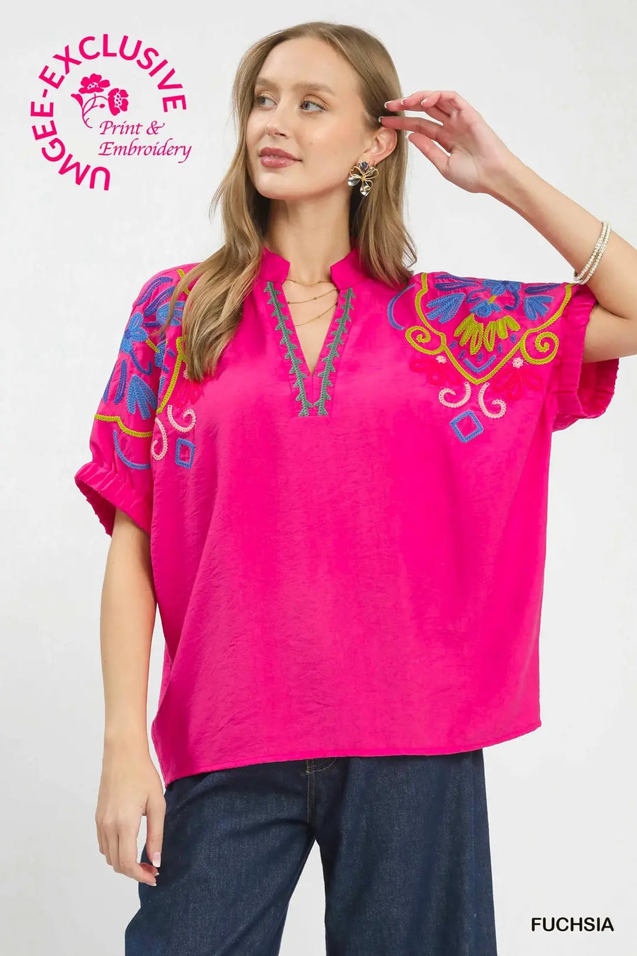 Veracruz Multicolor Fiesta Embroidered Split Neck Top