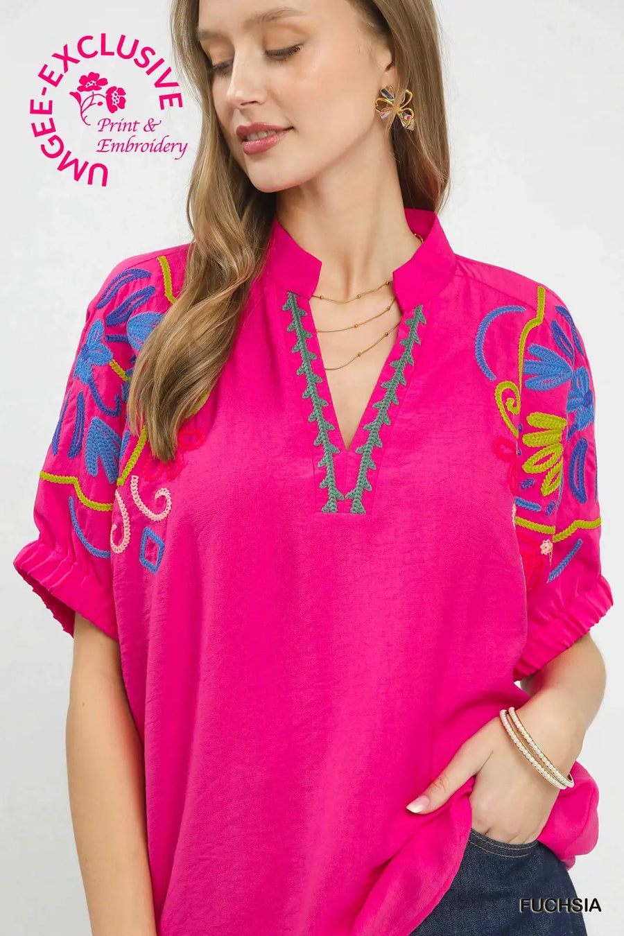 Veracruz Multicolor Fiesta Embroidered Split Neck Top