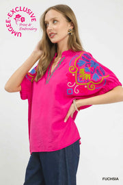 Veracruz Multicolor Fiesta Embroidered Split Neck Top