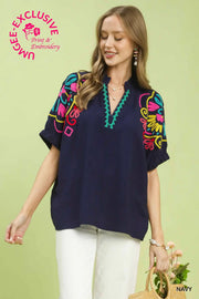 Veracruz Multicolor Fiesta Embroidered Split Neck Top