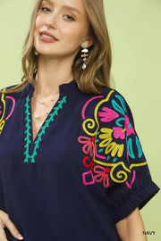 Veracruz Multicolor Fiesta Embroidered Split Neck Top