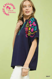 Veracruz Multicolor Fiesta Embroidered Split Neck Top