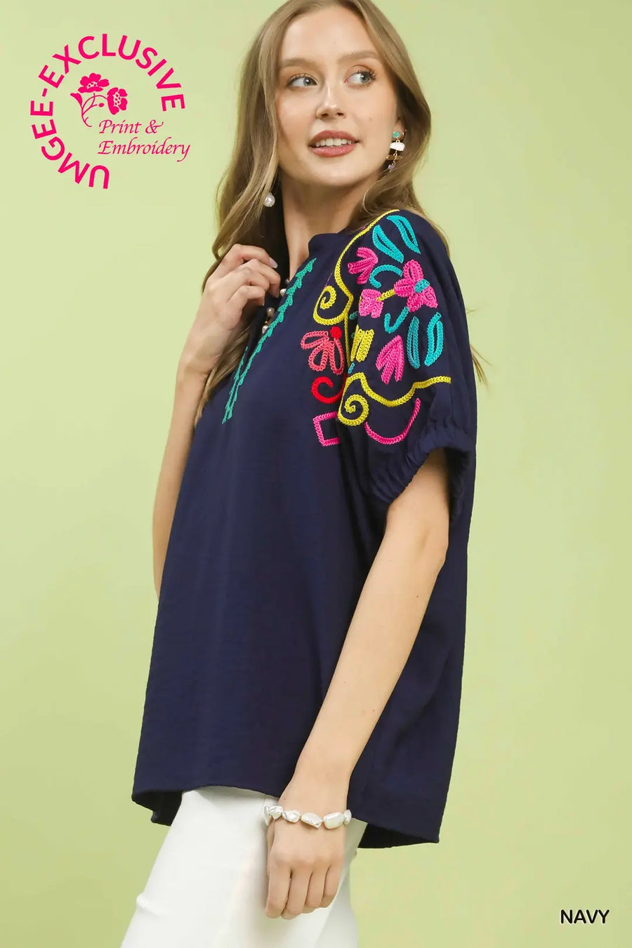 Veracruz Multicolor Fiesta Embroidered Split Neck Top