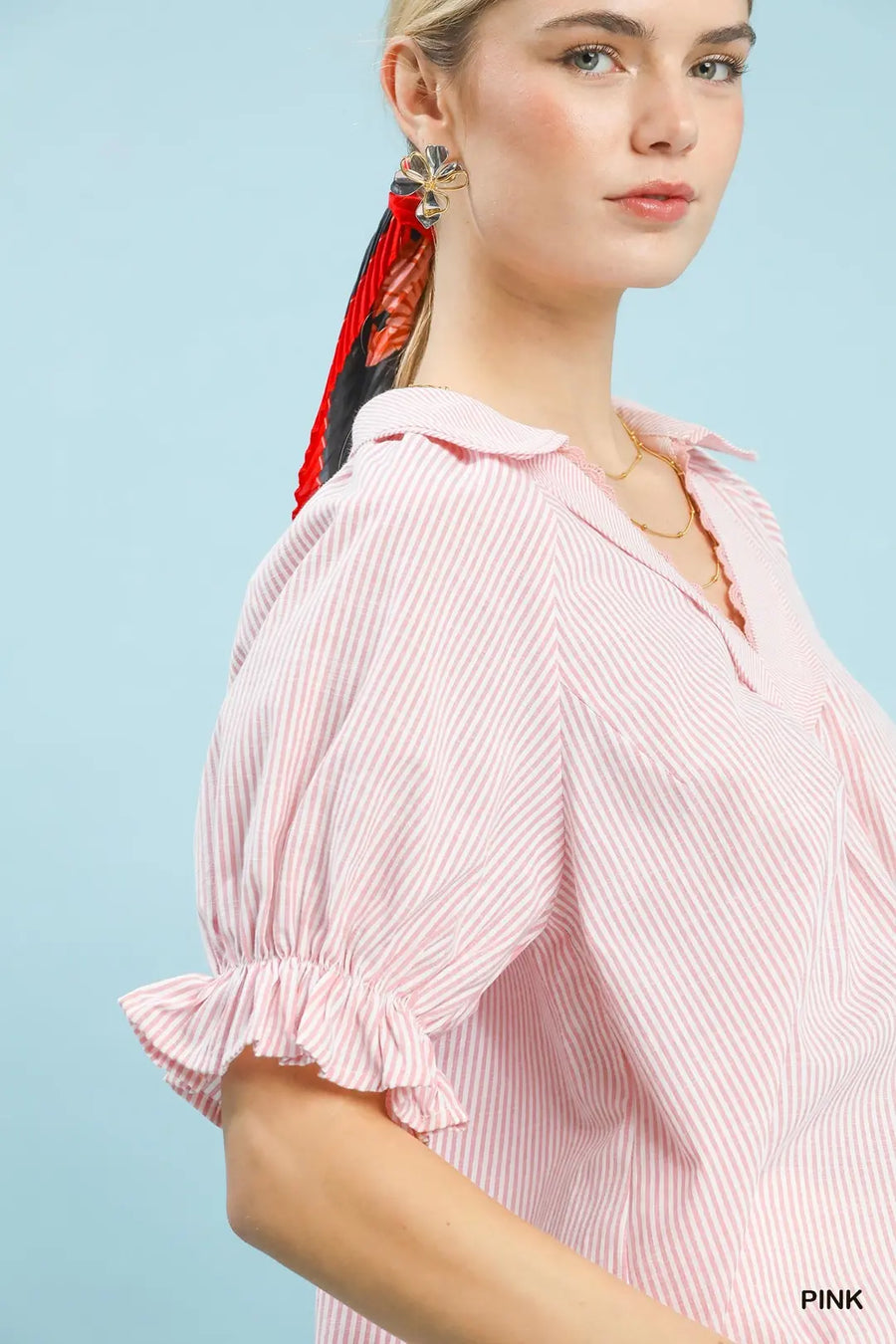 JaNae Pinstripe Ruffle Sleeve Blouse