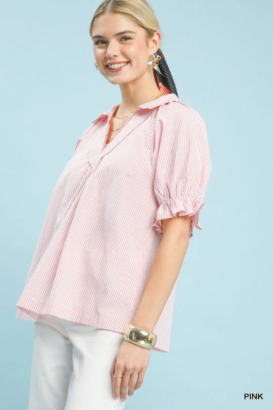 JaNae Pinstripe Ruffle Sleeve Blouse