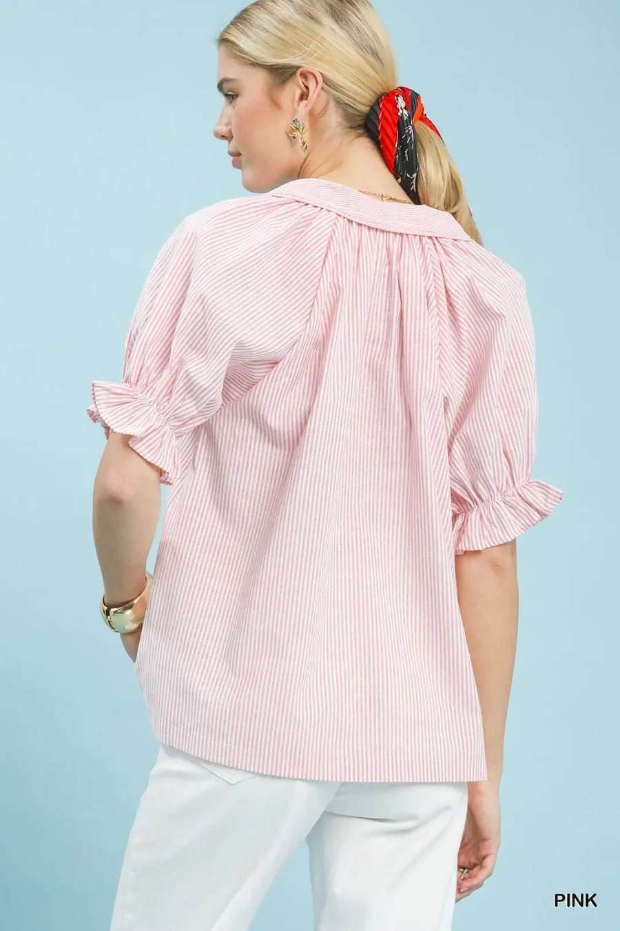 JaNae Pinstripe Ruffle Sleeve Blouse