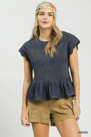 Sophia Smocked & Scalloped Chambray Top