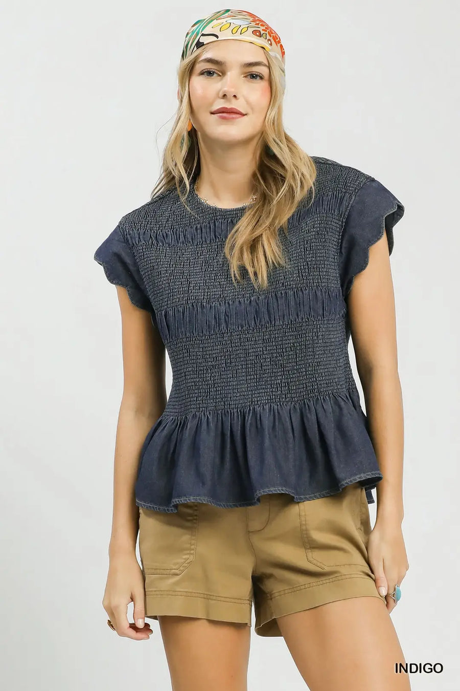Sophia Smocked & Scalloped Chambray Top