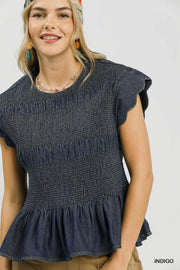 Sophia Smocked & Scalloped Chambray Top