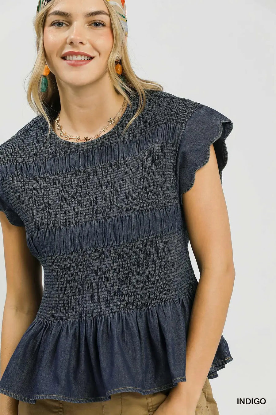Sophia Smocked & Scalloped Chambray Top