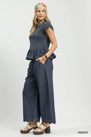 Sophia Smocked & Scalloped Chambray Top