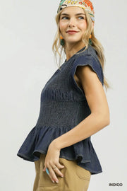 Sophia Smocked & Scalloped Chambray Top
