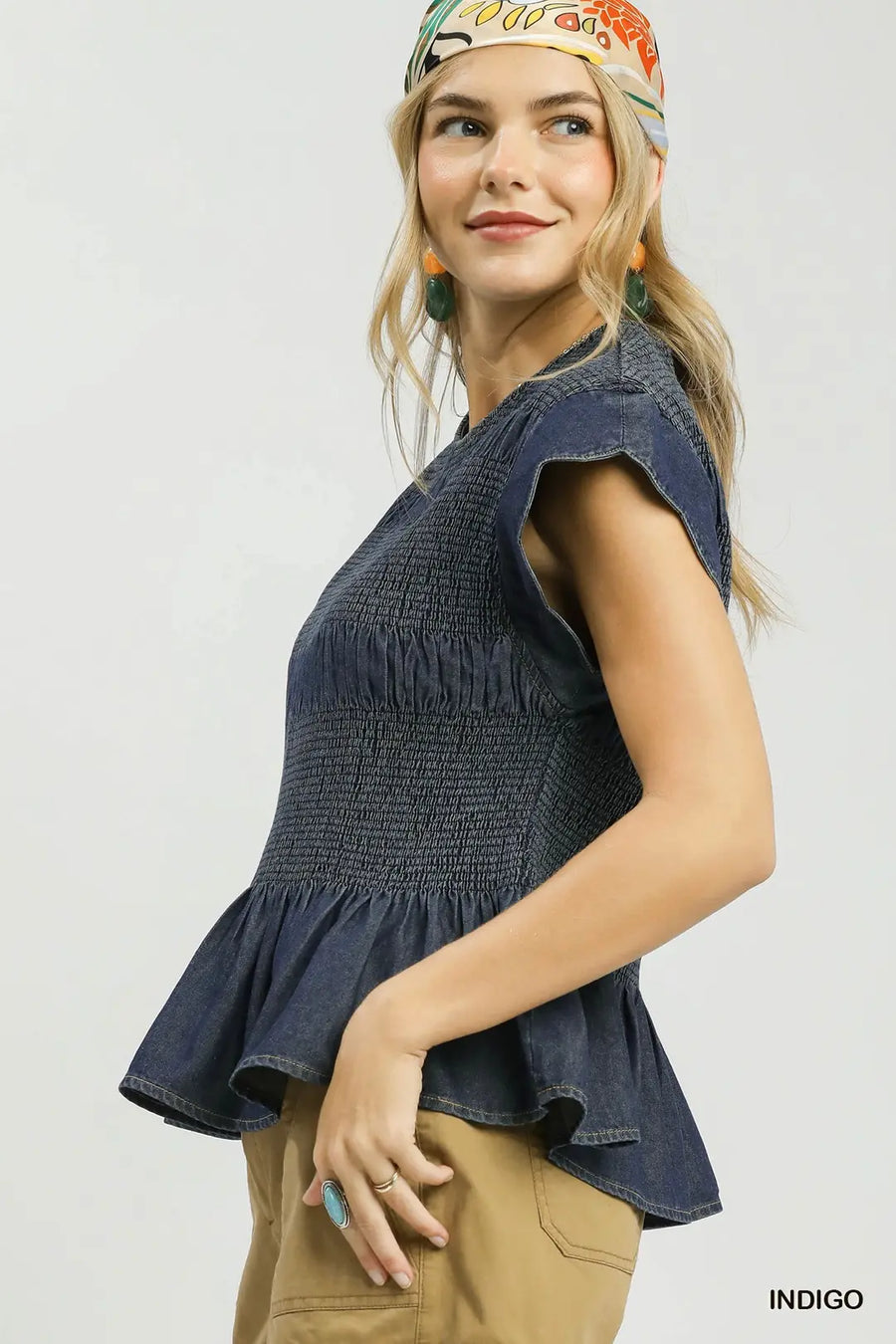 Sophia Smocked & Scalloped Chambray Top