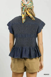 Sophia Smocked & Scalloped Chambray Top