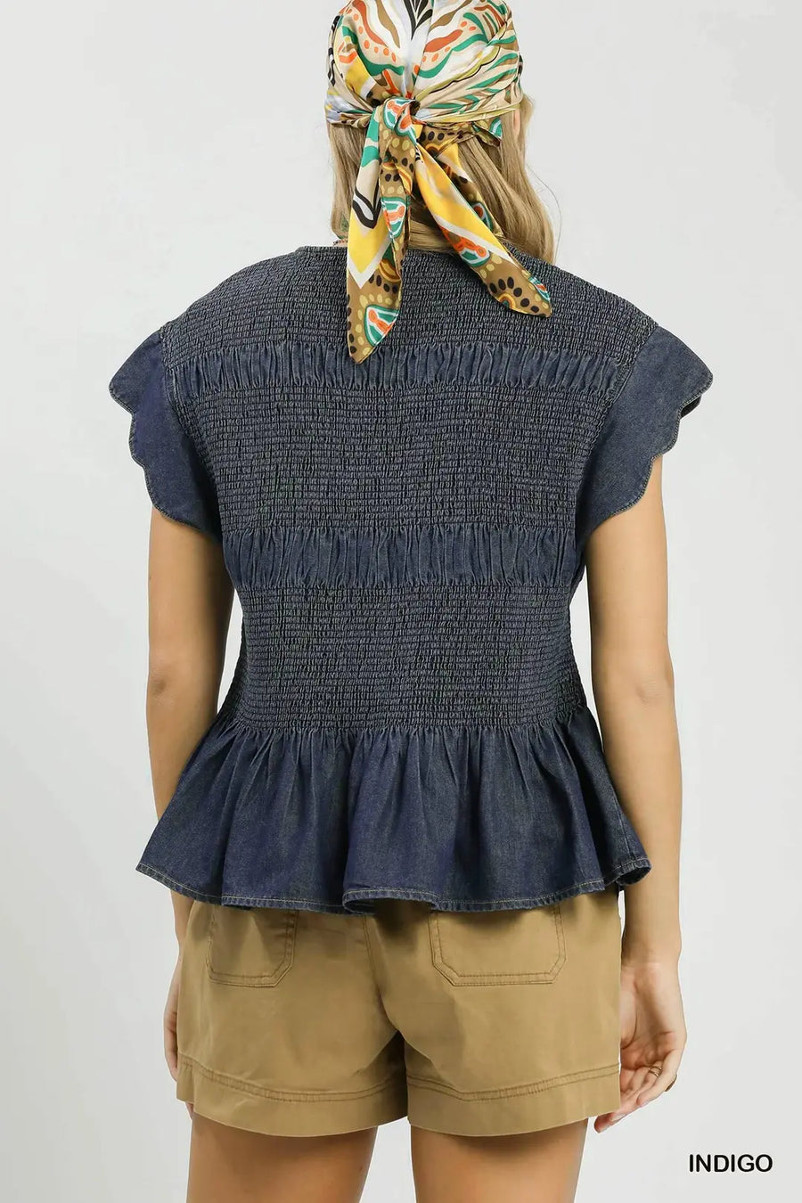 Sophia Smocked & Scalloped Chambray Top