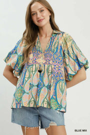 San Isidro Bright Paisley Smocked Blouse Top