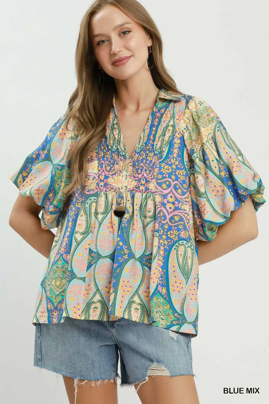 San Isidro Bright Paisley Smocked Blouse Top
