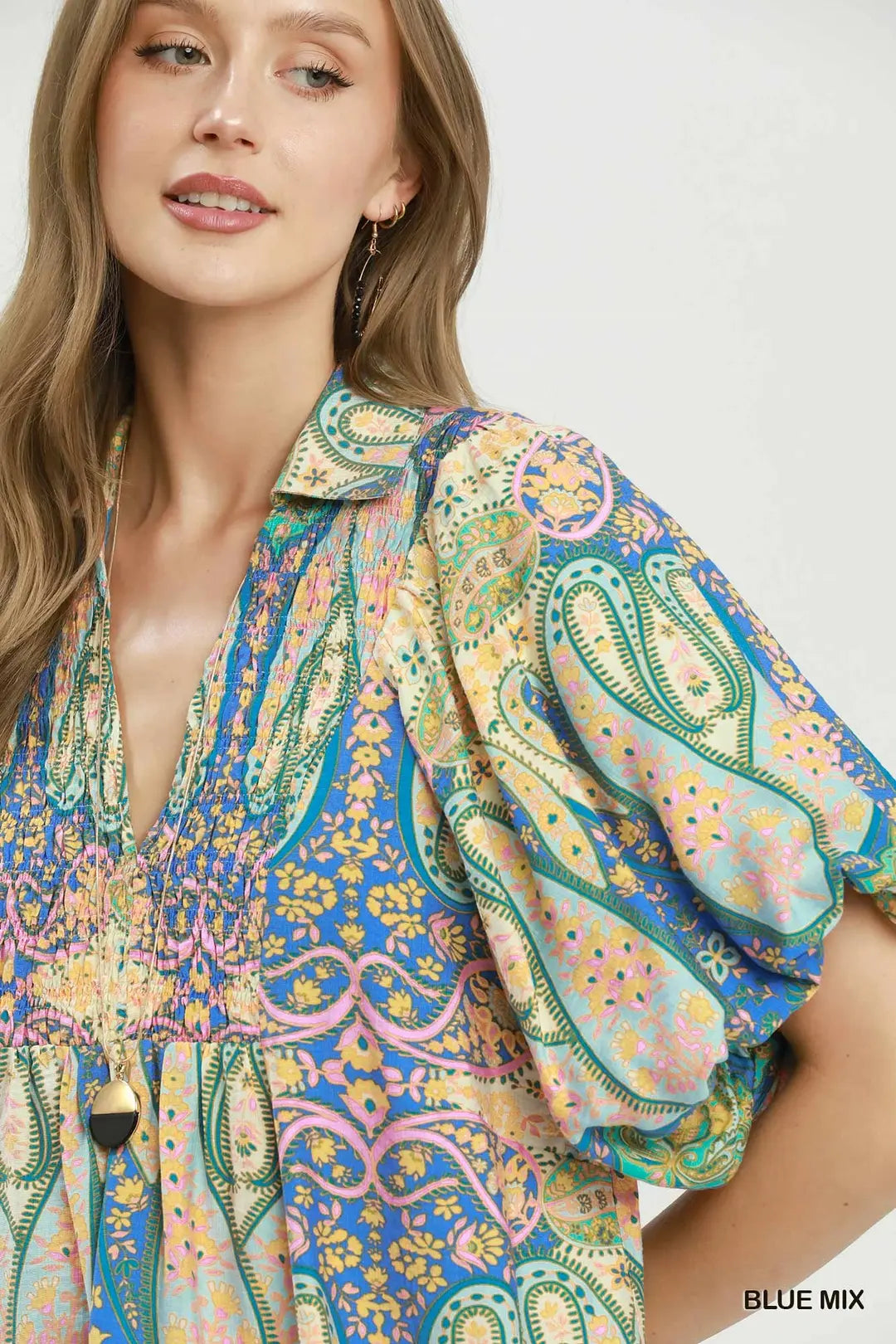 San Isidro Bright Paisley Smocked Blouse Top