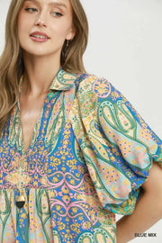 San Isidro Bright Paisley Smocked Blouse Top