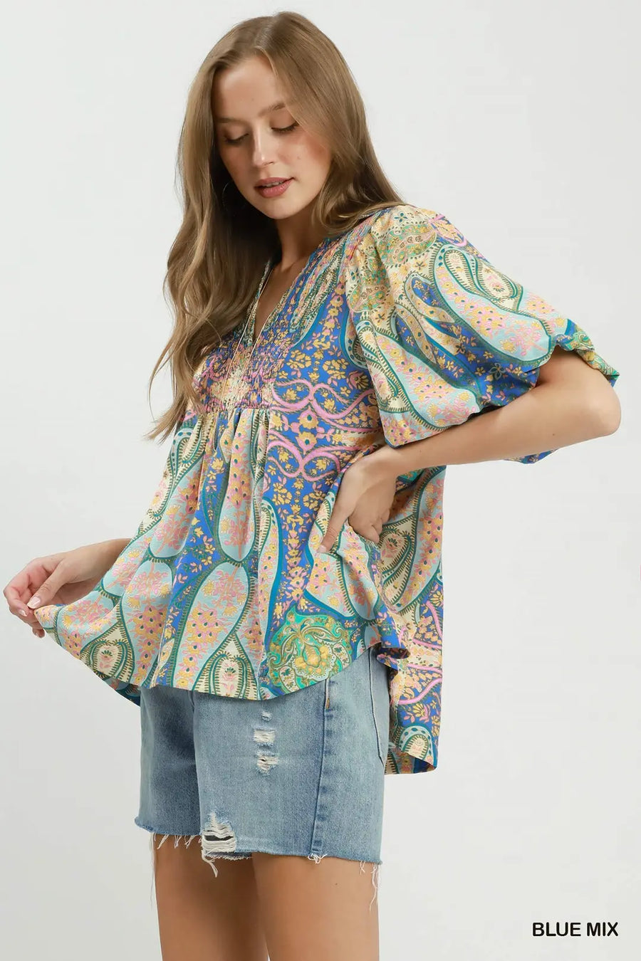 San Isidro Bright Paisley Smocked Blouse Top