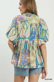 San Isidro Bright Paisley Smocked Blouse Top