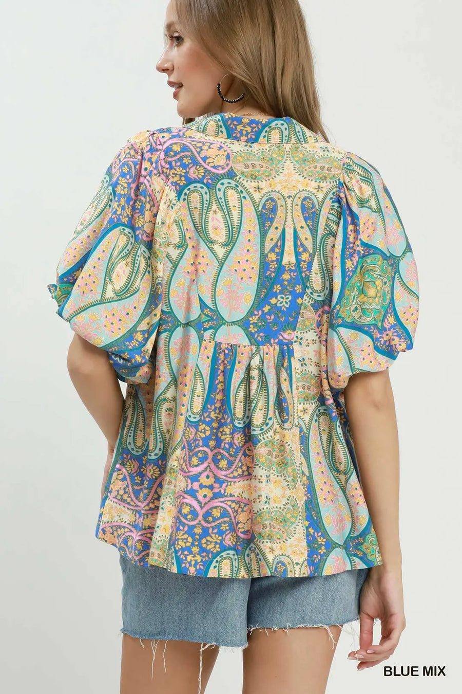 San Isidro Bright Paisley Smocked Blouse Top