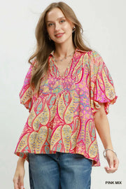 San Isidro Bright Paisley Smocked Blouse Top