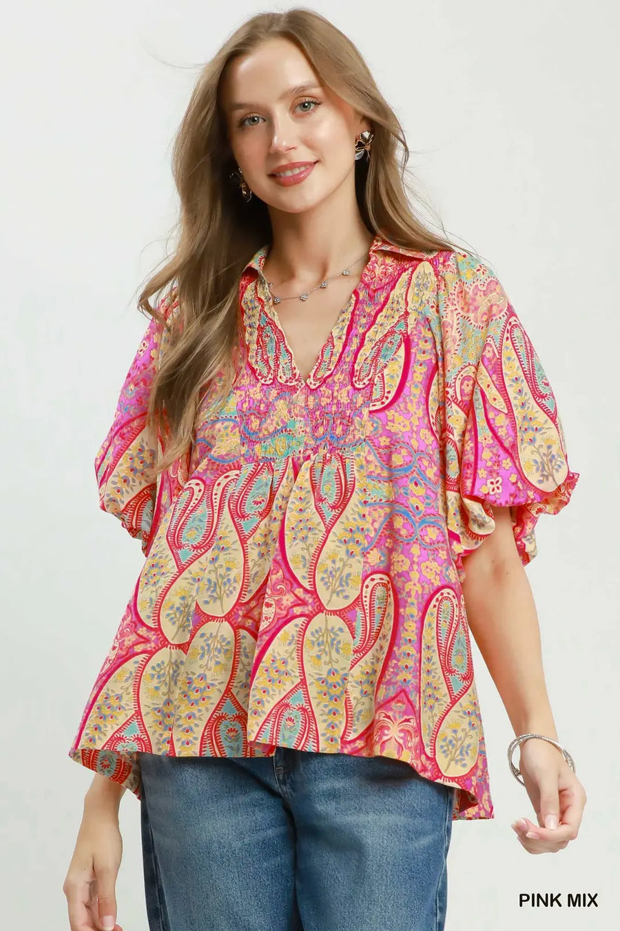 San Isidro Bright Paisley Smocked Blouse Top