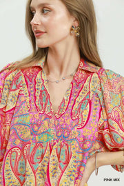 San Isidro Bright Paisley Smocked Blouse Top