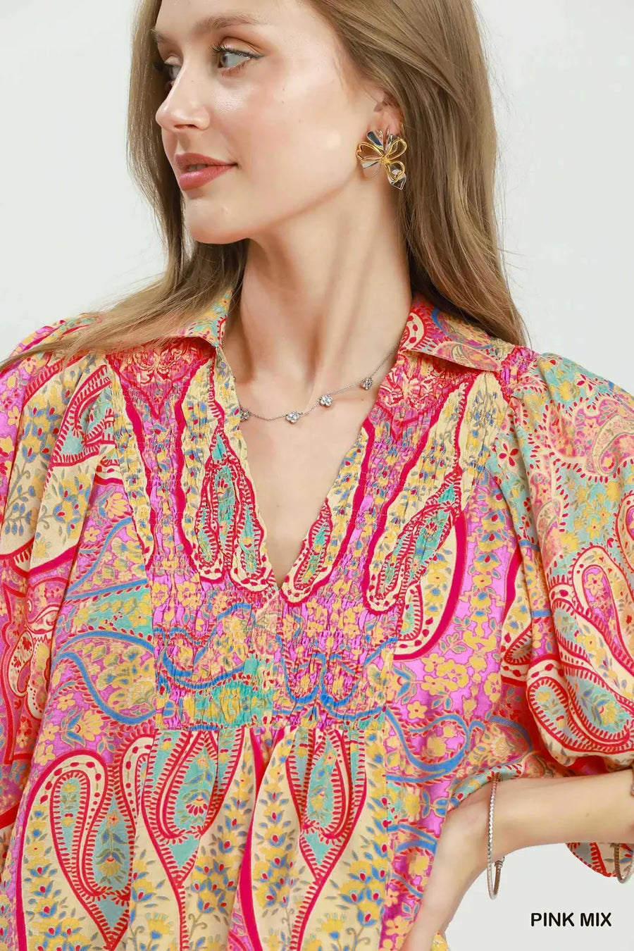 San Isidro Bright Paisley Smocked Blouse Top