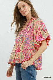 San Isidro Bright Paisley Smocked Blouse Top