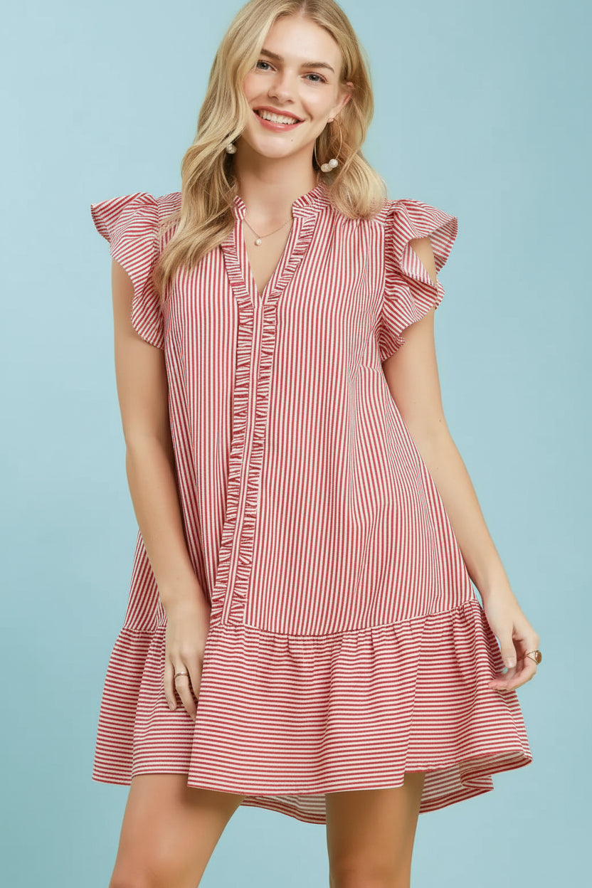 Yankee Doodle Ruffle Trim Stripe Flutter Sleeve Mini Dress