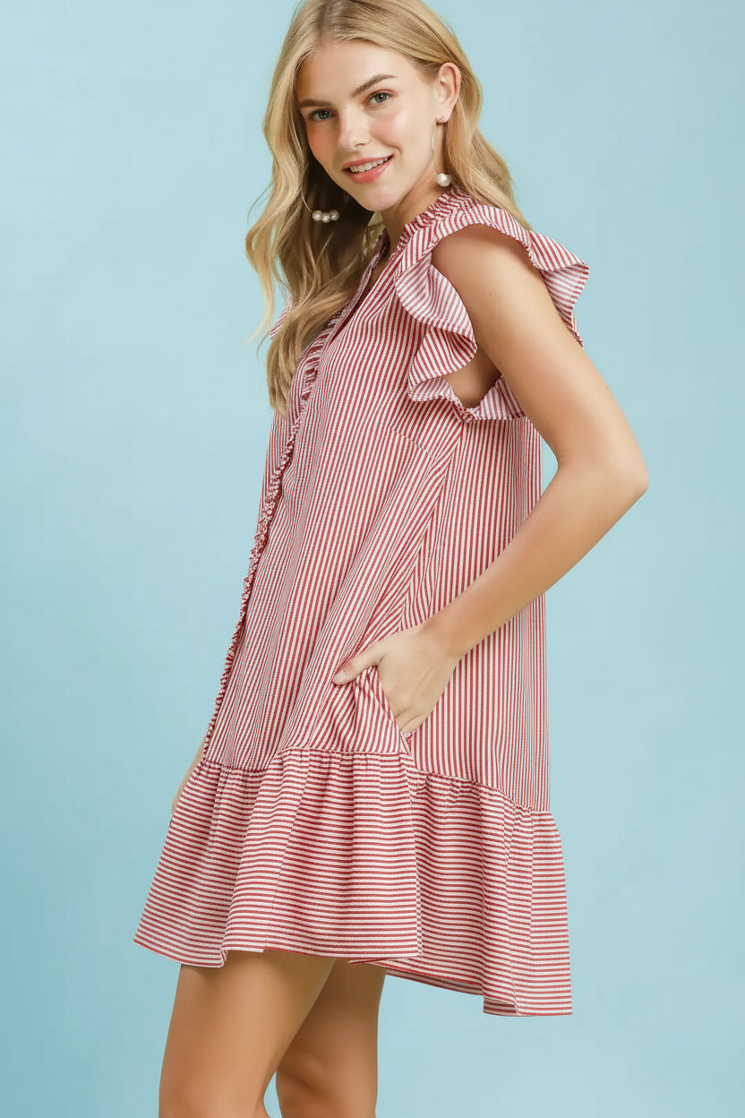 Yankee Doodle Ruffle Trim Stripe Flutter Sleeve Mini Dress