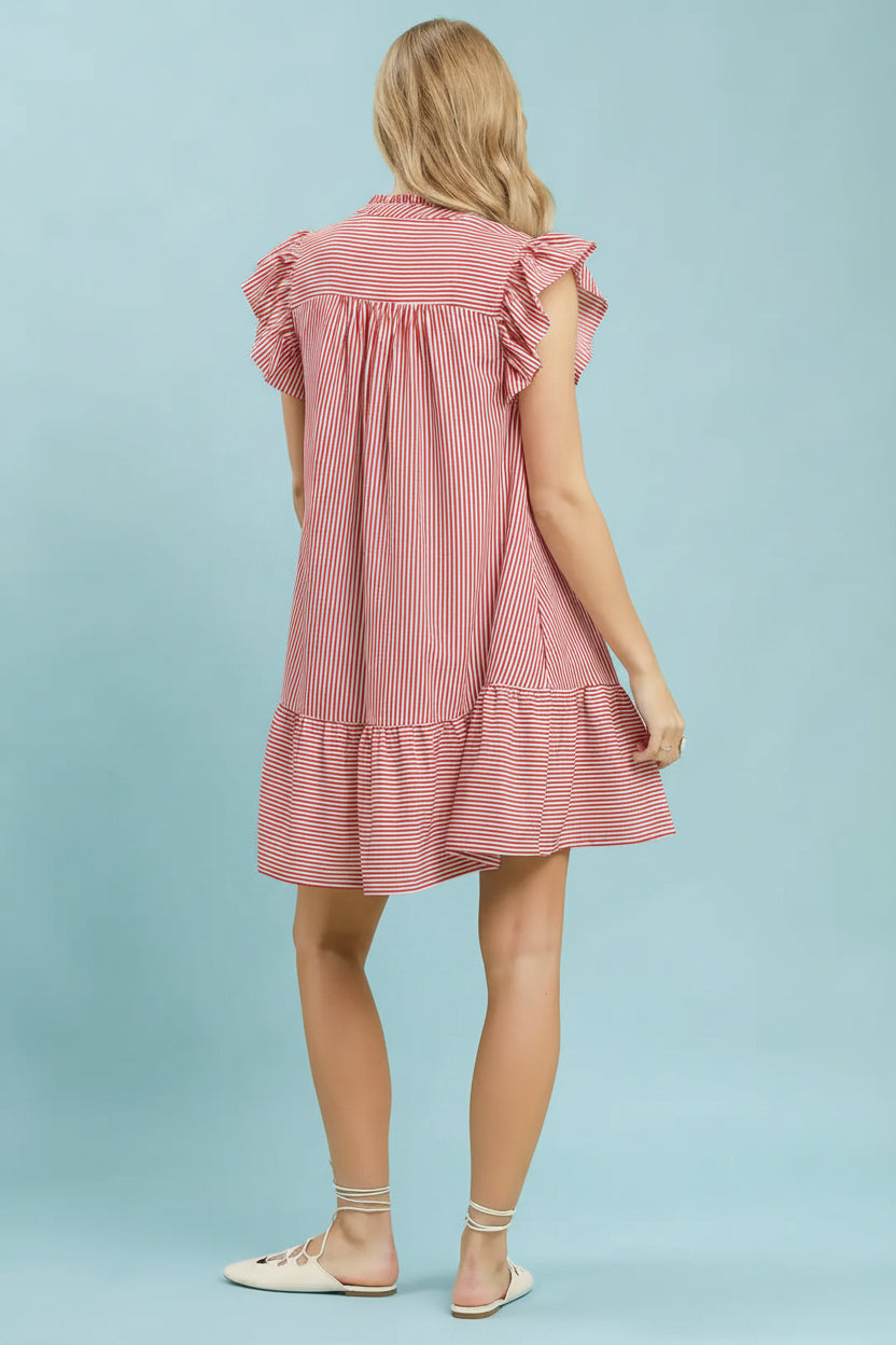 Yankee Doodle Ruffle Trim Stripe Flutter Sleeve Mini Dress