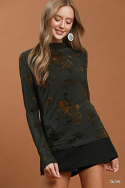 Damask Rose II Burnout Velvet Floral Mesh Mock Neck Fitted Long Sleeve Top