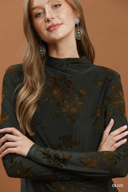Damask Rose II Burnout Velvet Floral Mesh Mock Neck Fitted Long Sleeve Top