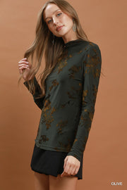 Damask Rose II Burnout Velvet Floral Mesh Mock Neck Fitted Long Sleeve Top