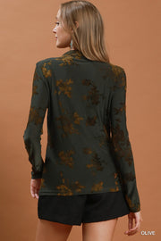 Damask Rose II Burnout Velvet Floral Mesh Mock Neck Fitted Long Sleeve Top