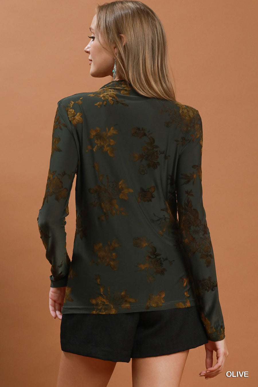 Damask Rose II Burnout Velvet Floral Mesh Mock Neck Fitted Long Sleeve Top