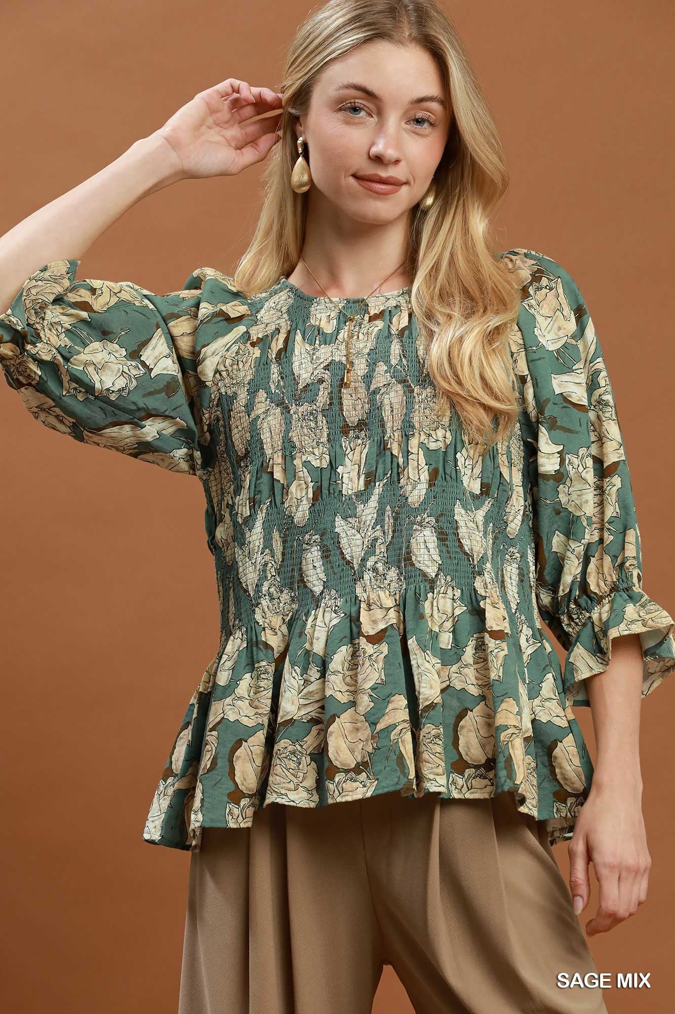 Rose Garden Smocked 3/4 Sleeve Top
