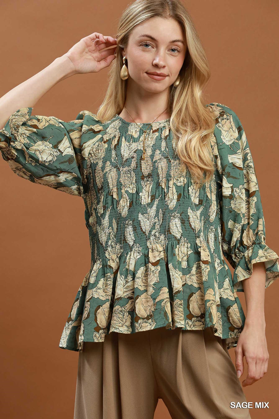 Rose Garden Smocked 3/4 Sleeve Top